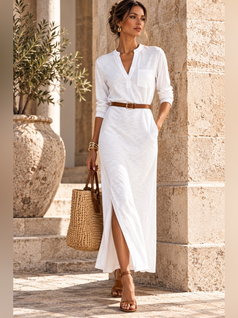Peruvian Connection Essaouira White Cotton Maxi Dress Size S Split V Neck